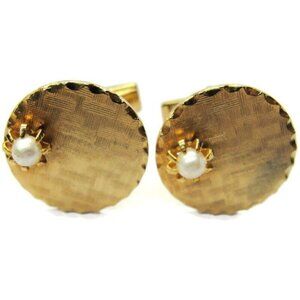 Vintage Cufflinks Round Imitation Pearl Cut Wave Edge Gold Tone Pat Pend